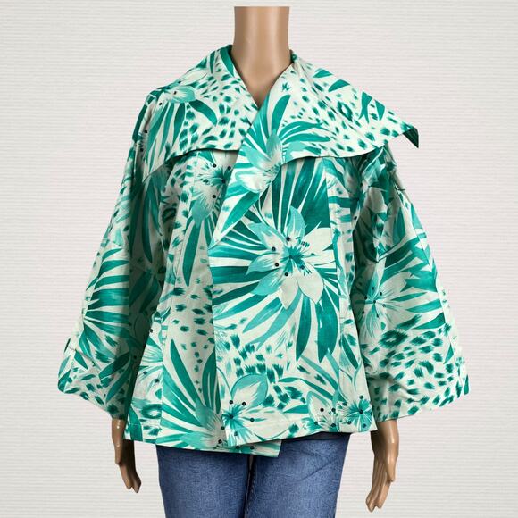 Della Reese Green Floral Botanical Open Front Jacket Blazer Small Sequin Linen - Picture 1 of 8